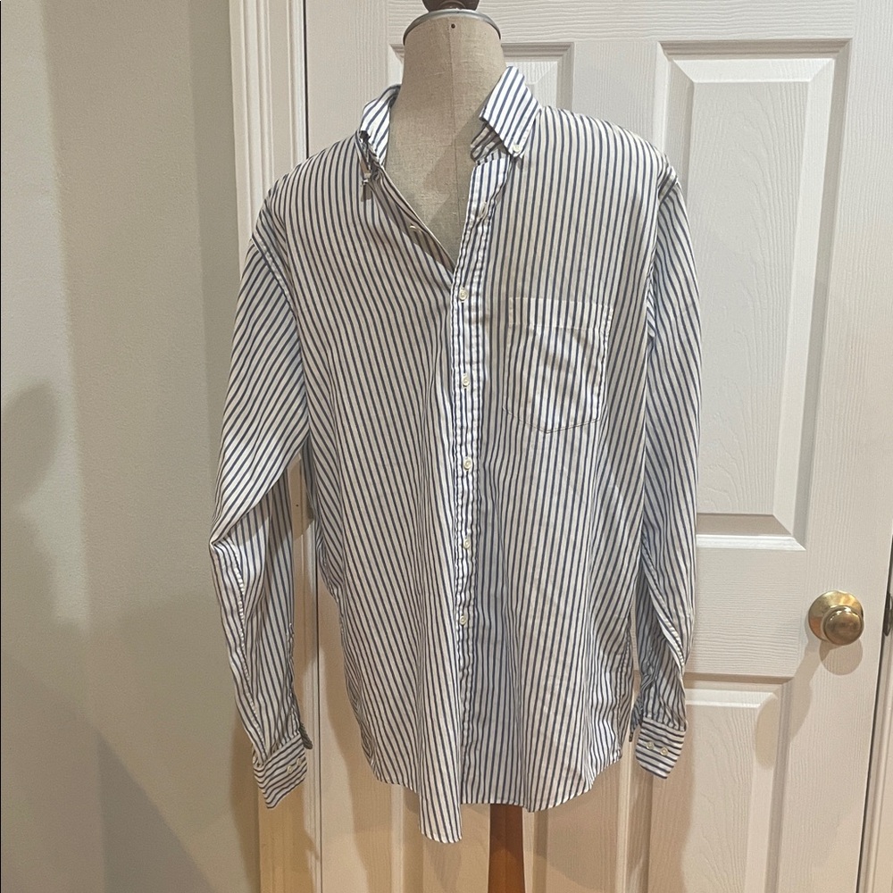 Vintage 80s lands end Striped Men's Shirt pocket blue white men size 16 1/2 tall